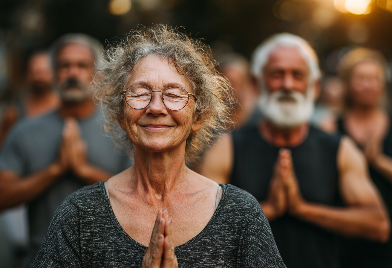 Група старших людей займається йогою на свіжому повітрі