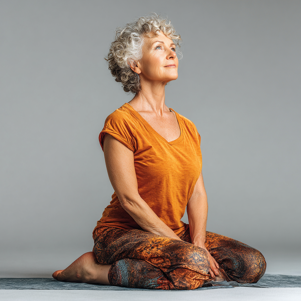 Літня жінка виконує дихальні вправи в спокійній обстановці